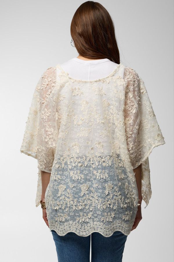Floral Lace Tie Front Ruana - Ivory