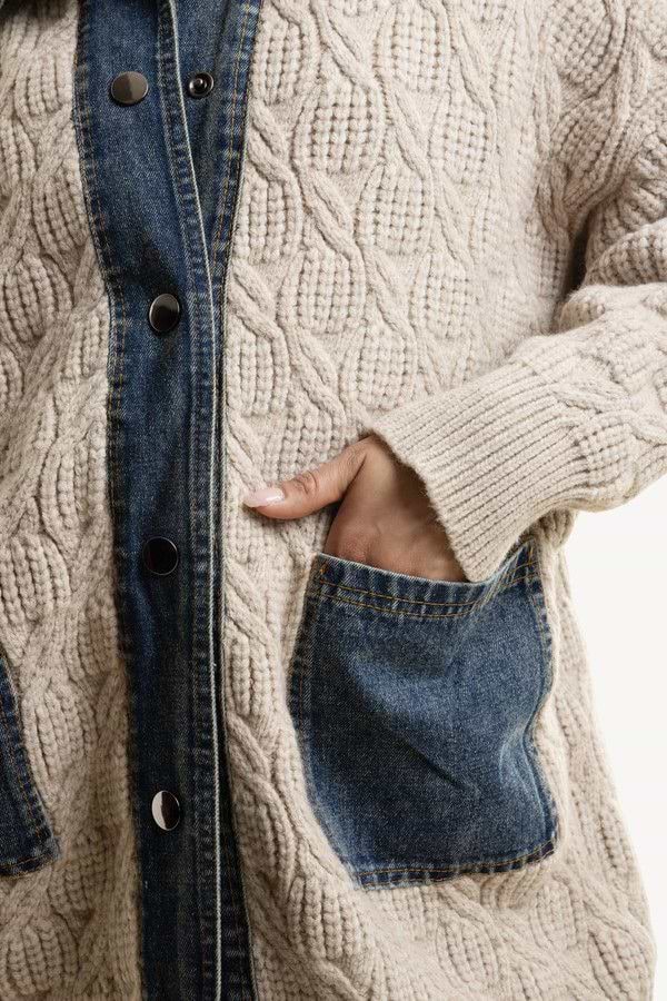 Denim Collar Sweater Jacket - Beige