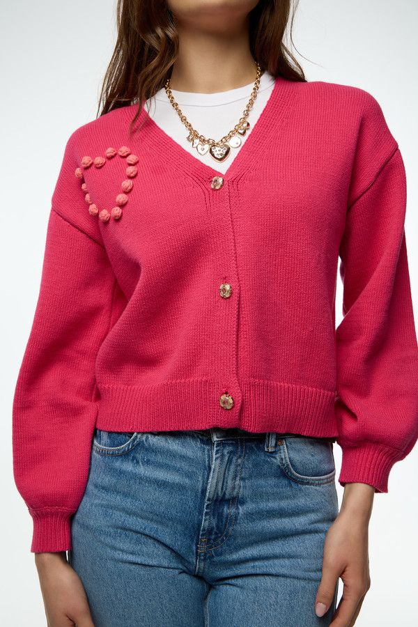 Heart Pom Pom Cardigan - Hot Pink