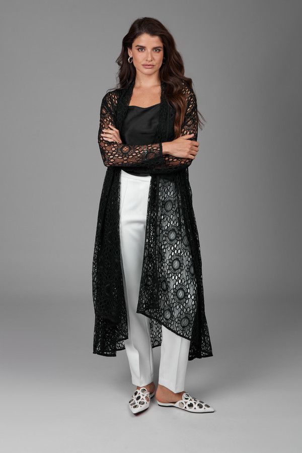 Black Long Lace Kimono - Black