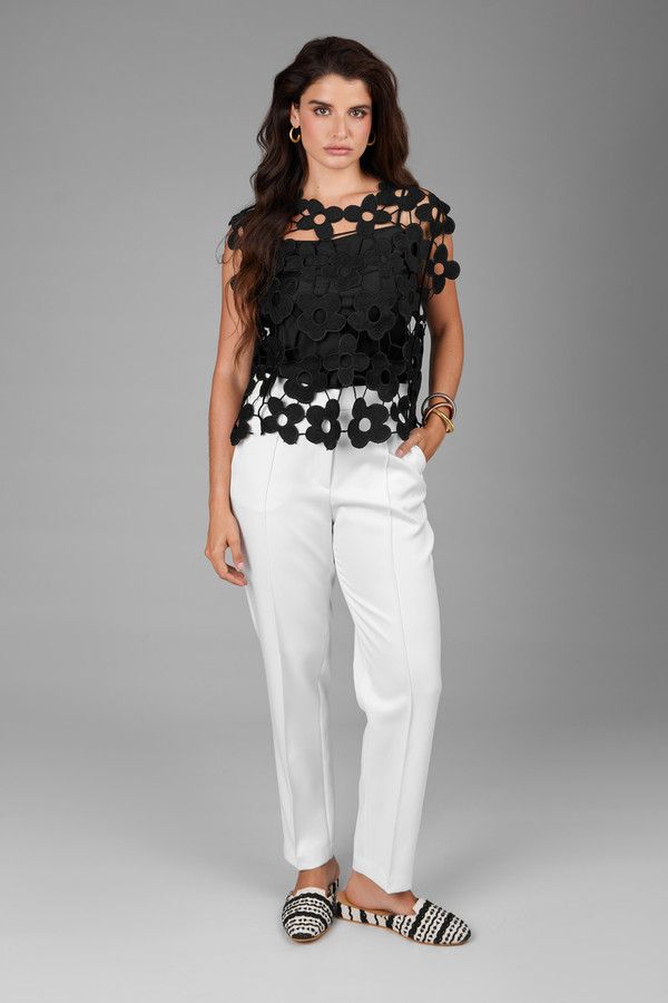 Floral Open Knit Vest Top - Black