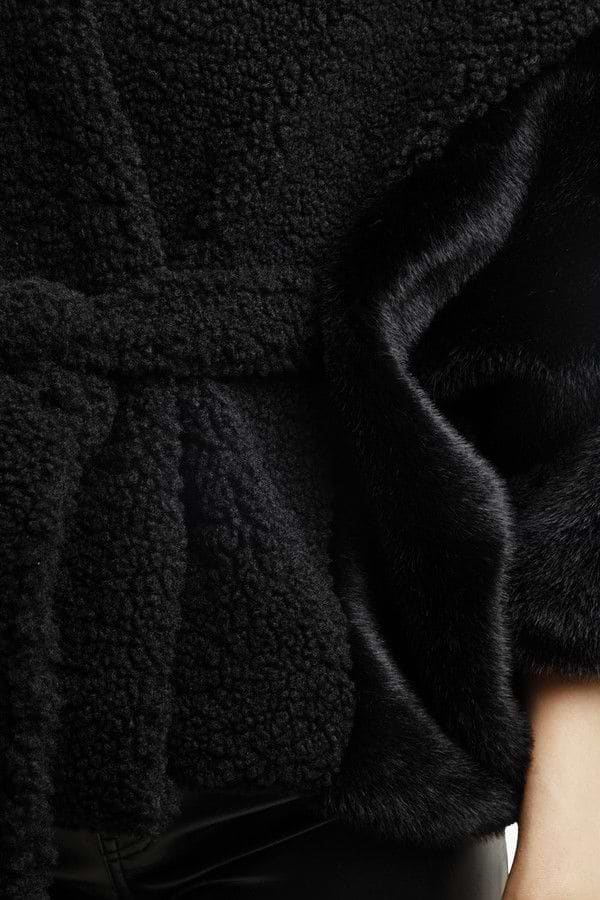 Fur Tie Front Short Kimono - Black