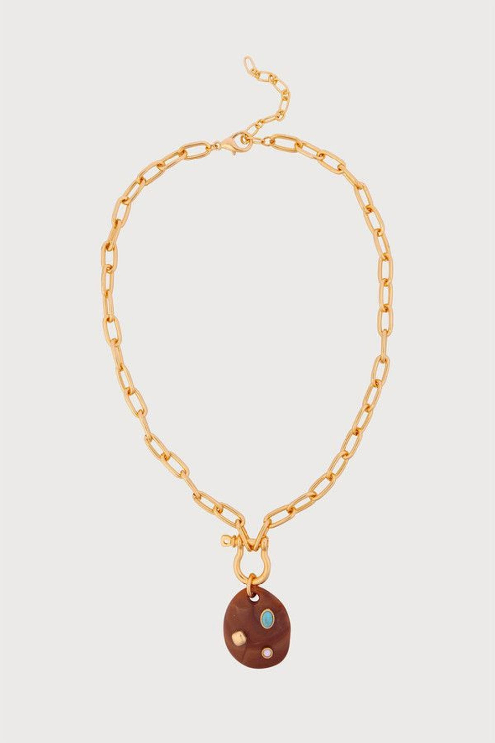 Stone-Studded Wood Disc Pendant Necklace - Brown