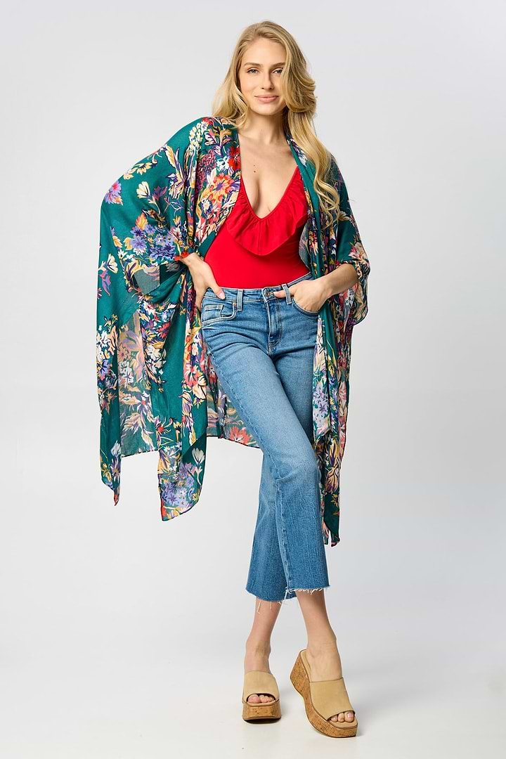 Flowy Floral Kimono - SAACHI - Teal