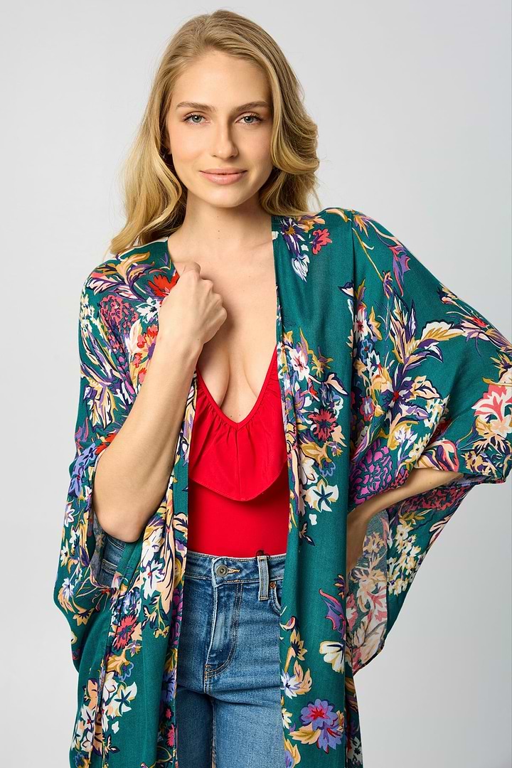 Flowy Floral Kimono - SAACHI - Teal