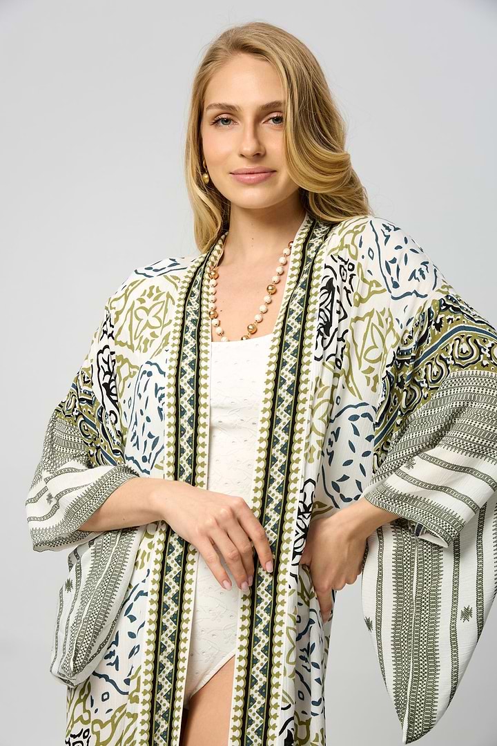Mosaic Tile Pattern Kimono - White Combo