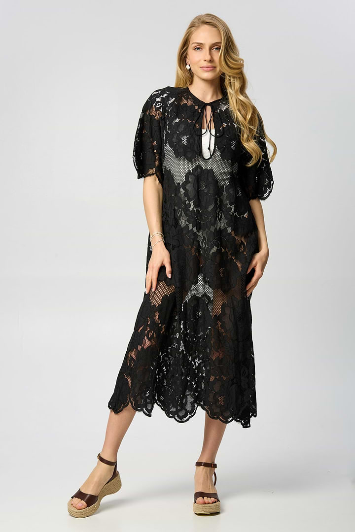 Floral Mesh Lace Kaftan - Black