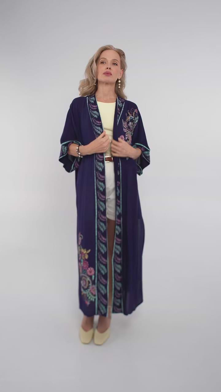 Flowy Paisley Kimono Long - Navy
