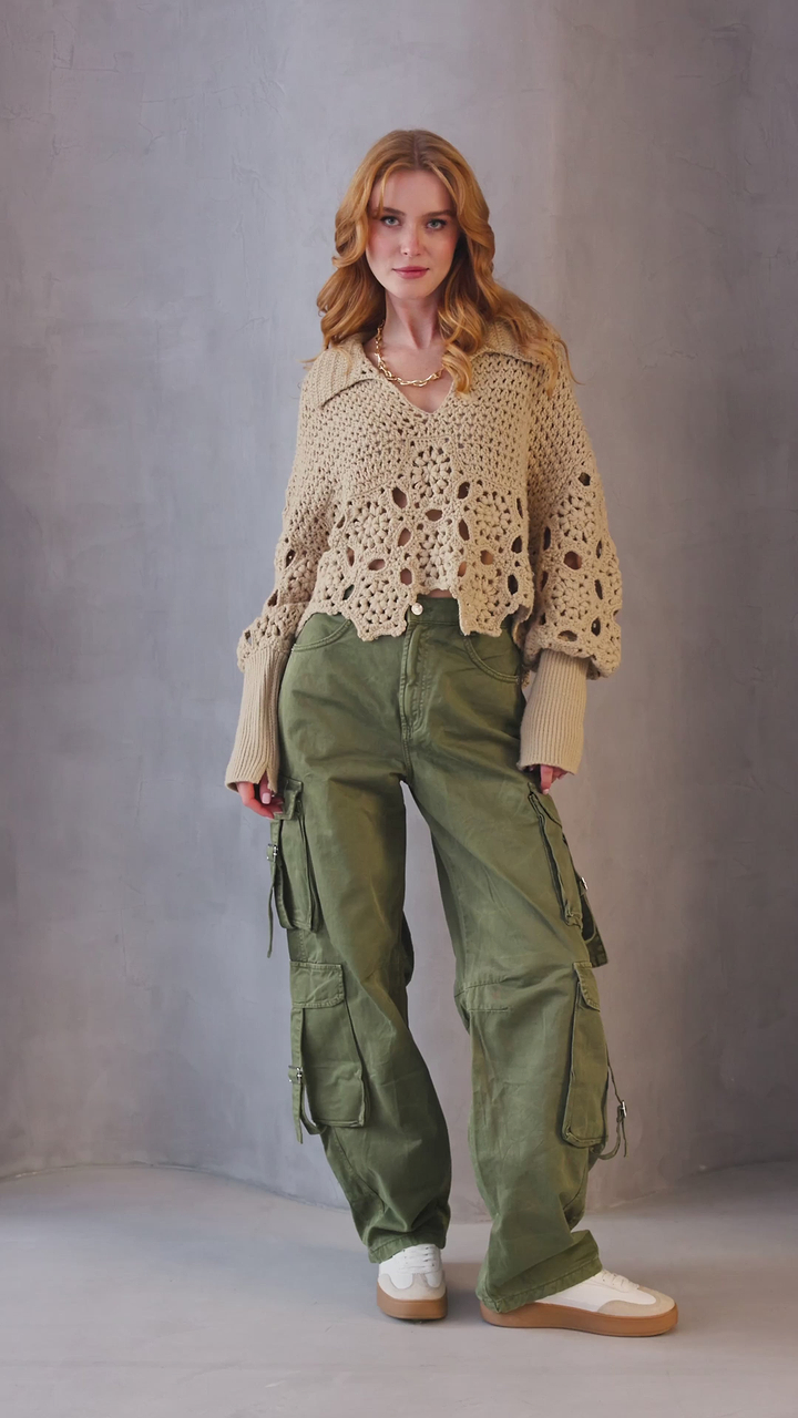 Floral Crochet Pullover Sweater - Beige