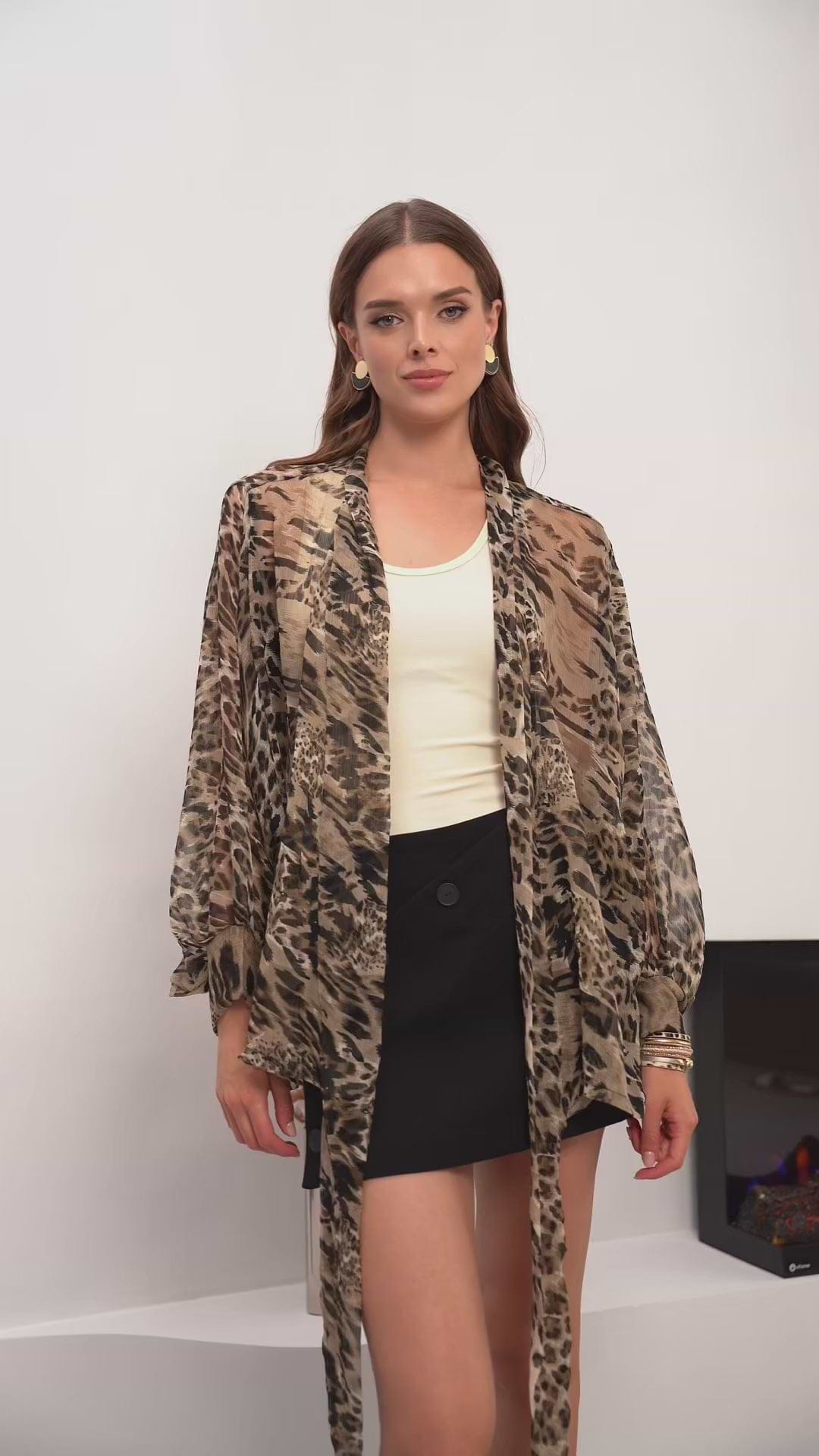 Leopard Tie Front Sheer Kimono
