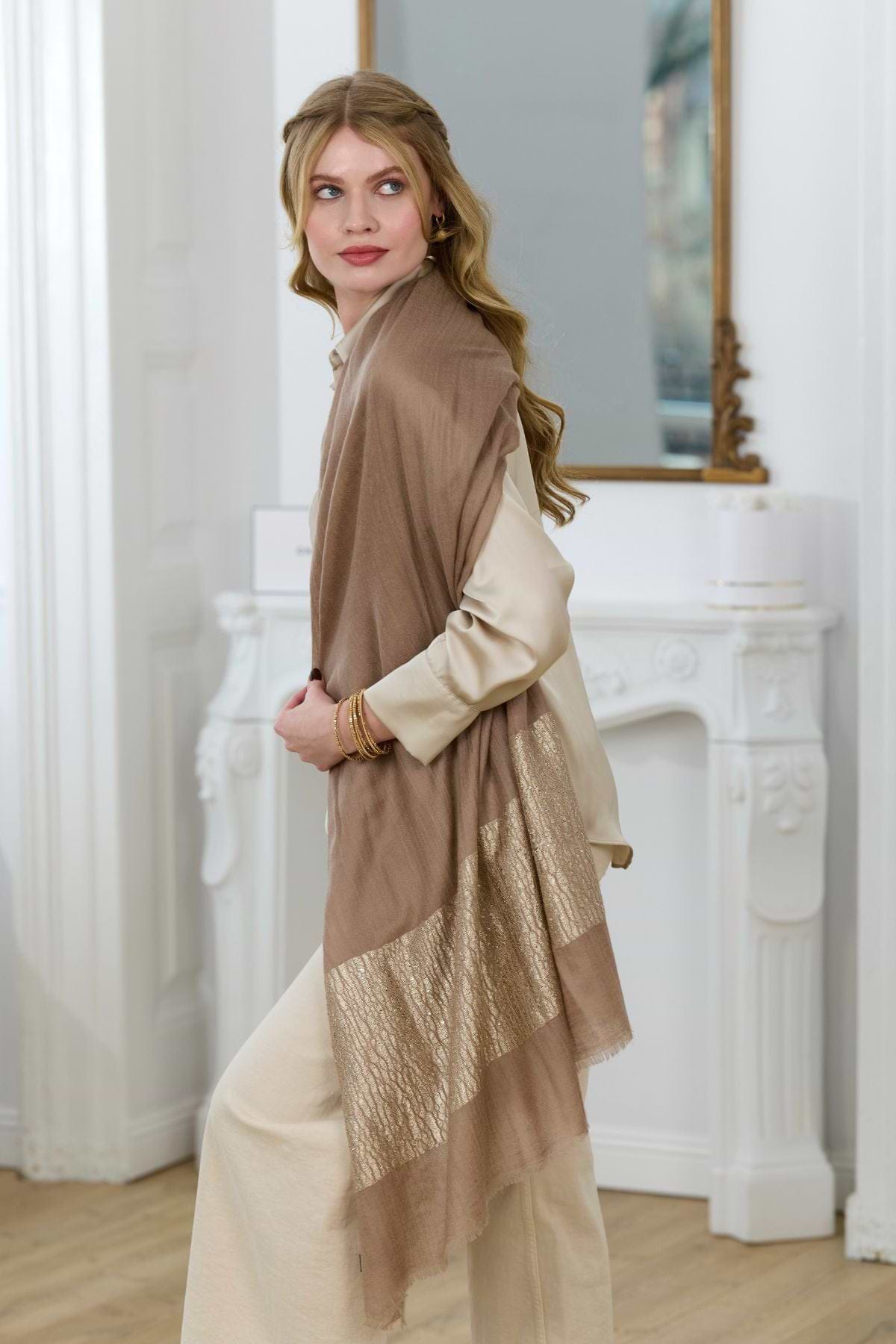 Embellished Cashmere Wrap - Wheat