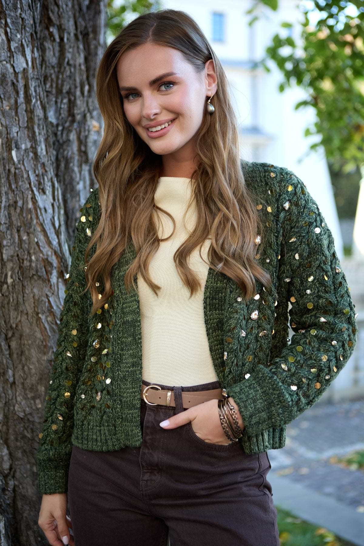 Deco Cable Knit Cardigan - Moss