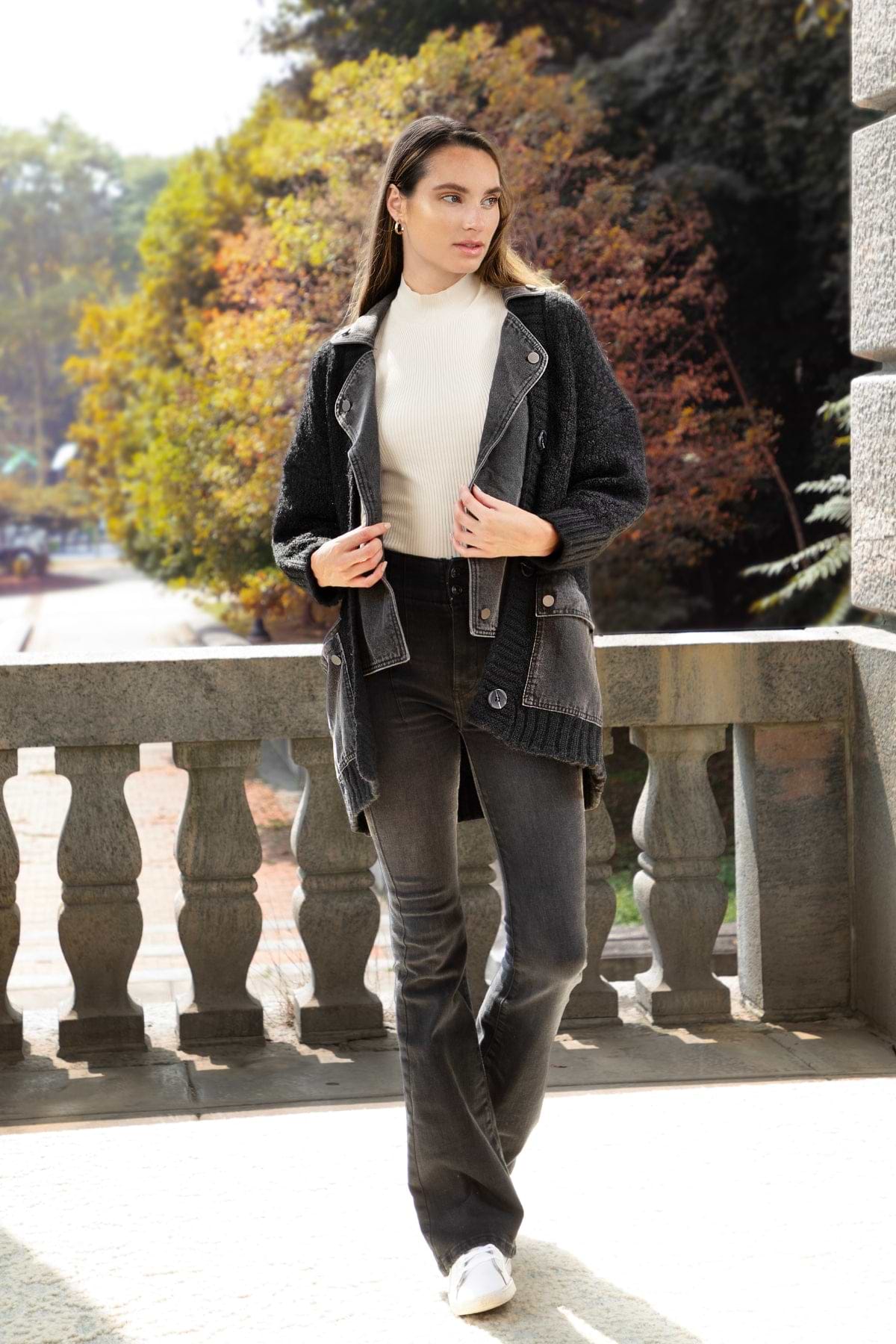 Denim Knit Cardigan - Black