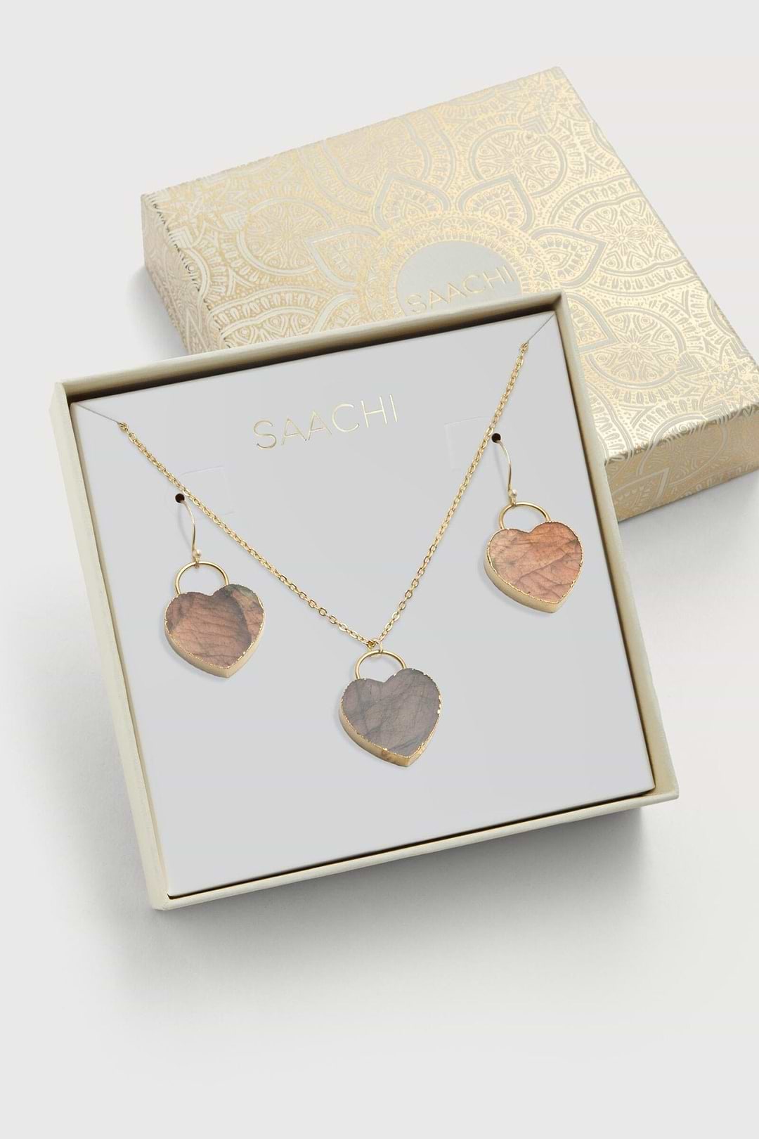 Natural Stone Heart Earrings And Necklace Set - Bisque