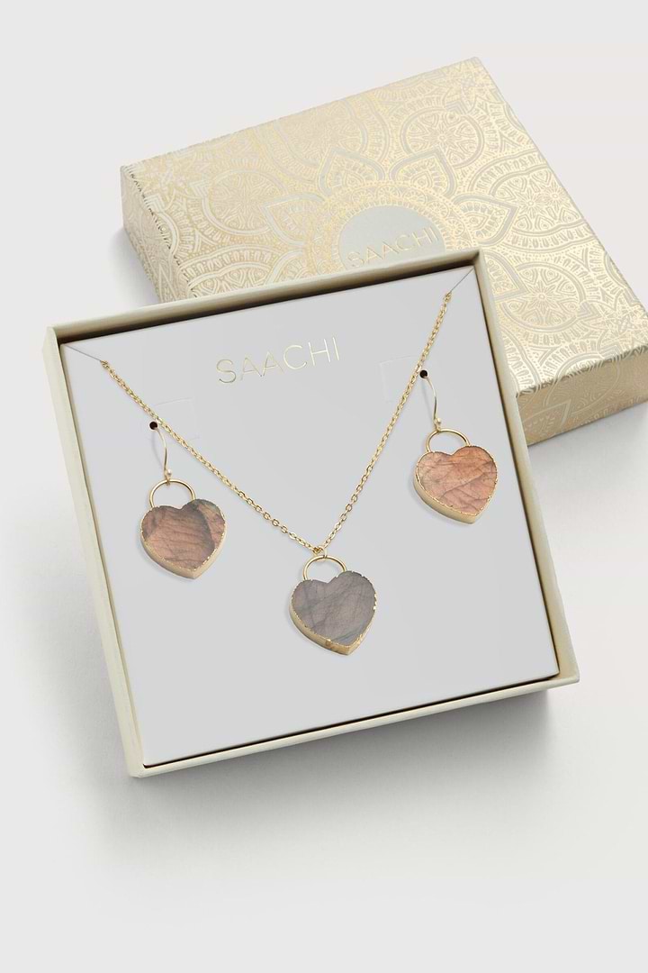 Natural Stone Heart Earrings And Necklace Set - Bisque