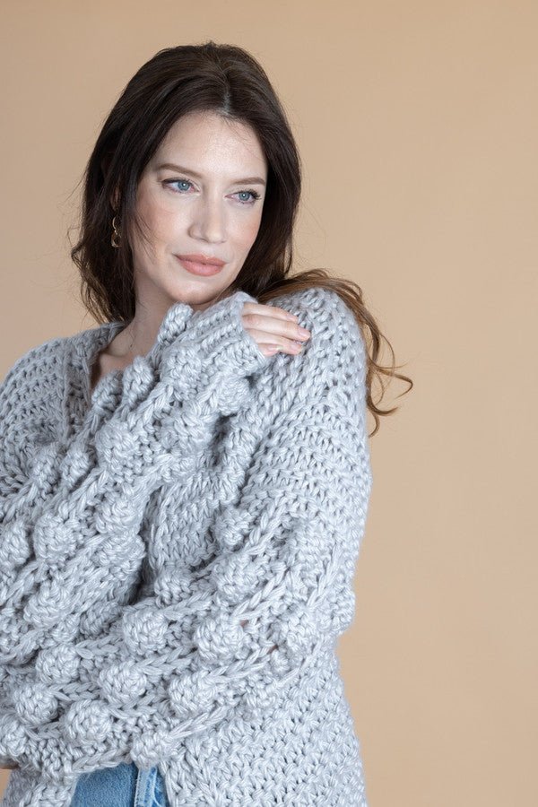 Knit Cardigan With Bauble Sleeves - Light Slate Gray