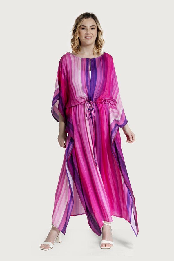 Multicolor Striped Tie Waist Keyhole Kaftan - Deep Pink