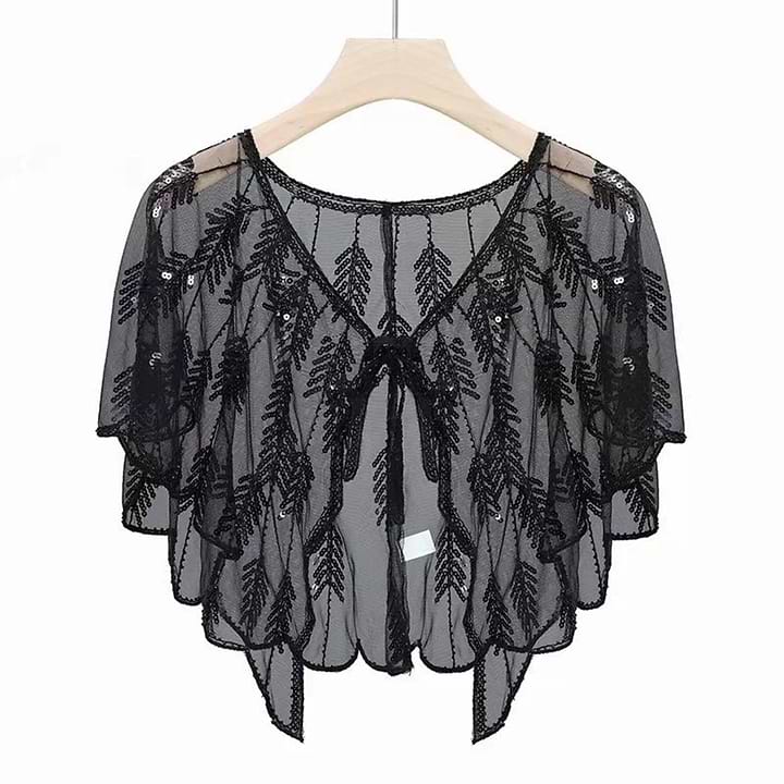 Sequin Detail Scallop Mesh Capelet Black