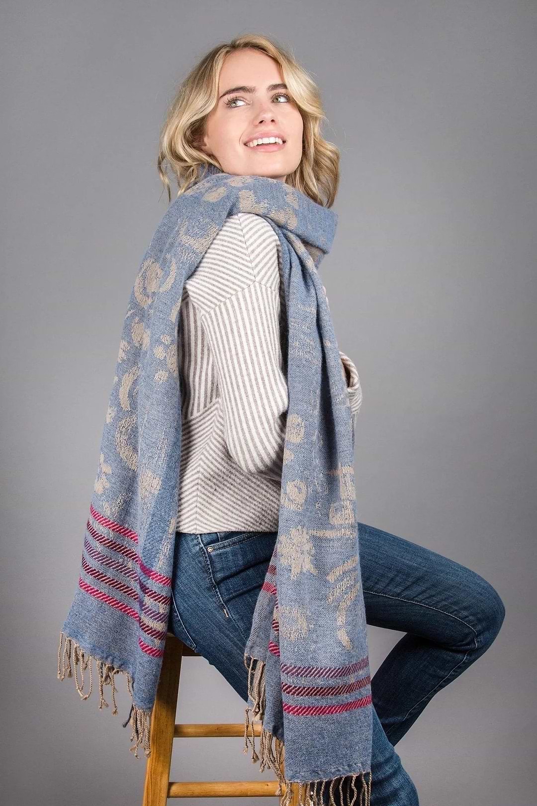 Reversible Denim Mixed Print Scarf Corn Flower Blue
