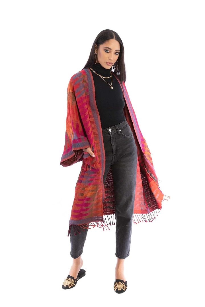 Cotton Retro Striped Fringe Long Jacket - Pale Violetred