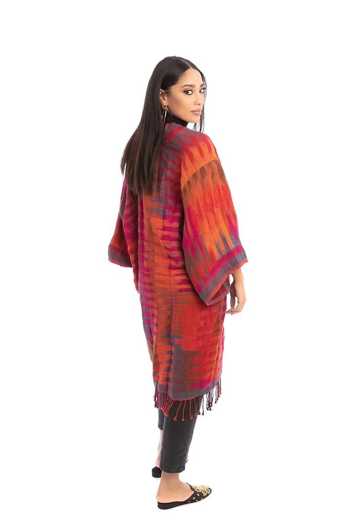 Cotton Retro Striped Fringe Long Jacket - Pale Violetred