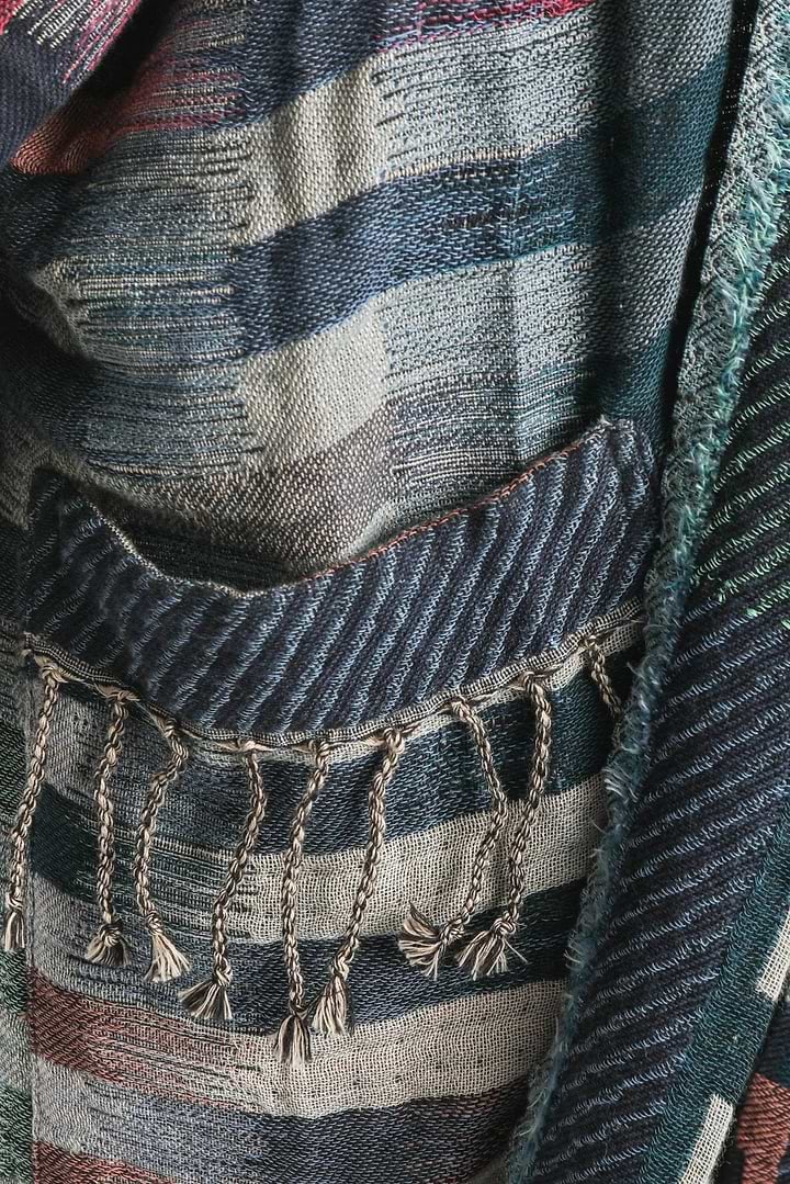 Cotton Retro Striped Fringe Long Jacket - Gray