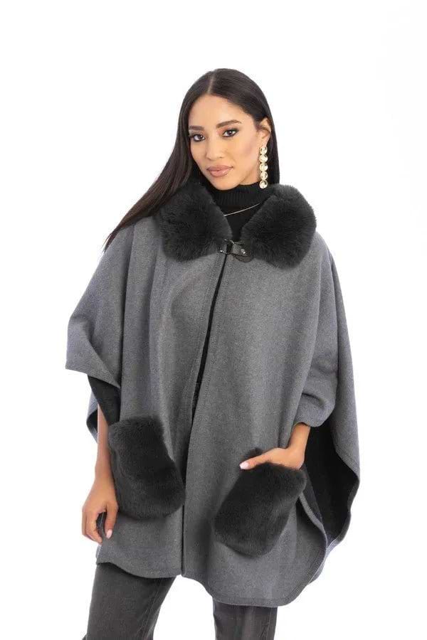Faux Fur Pocket Kimono - Dark Gray