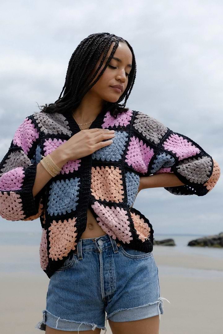 Crochet Pastel Squared Short Jacket - Black