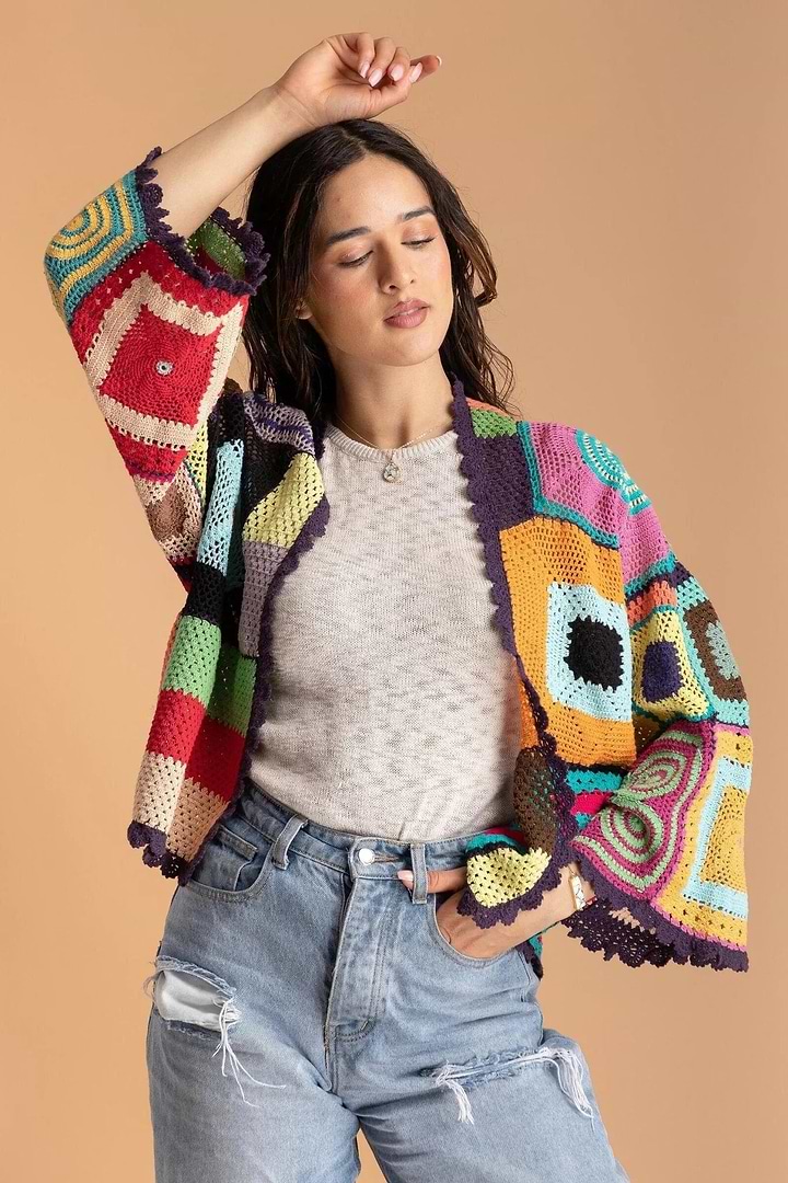 Multicolored Crochet Cardigan Cotton Jacket - Dark Multi
