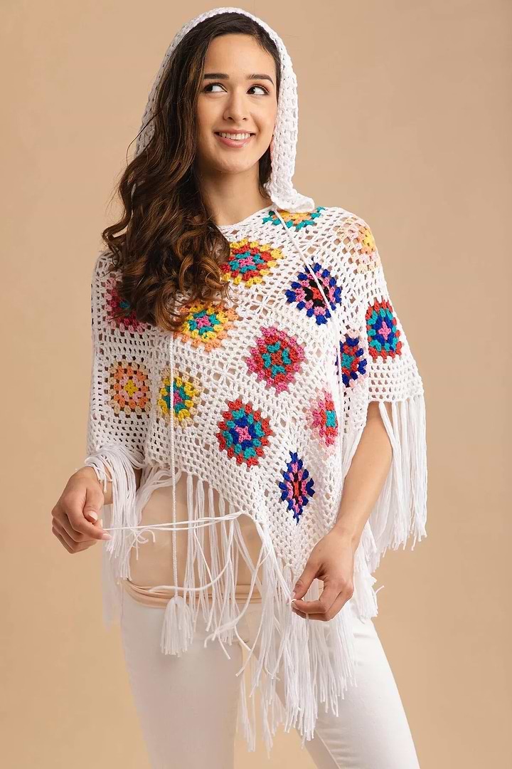 White Square Crochet Fringe Poncho - White