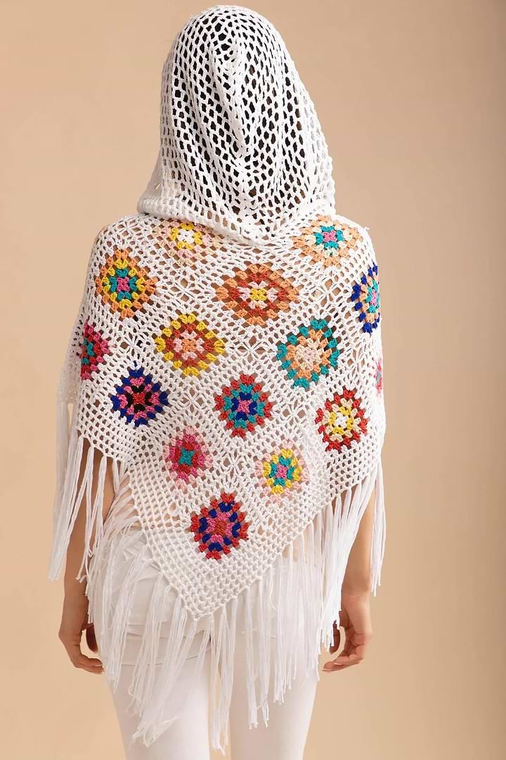 White Square Crochet Fringe Poncho - White