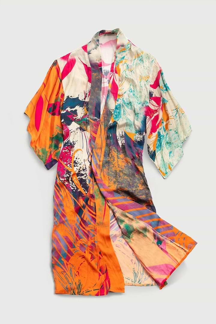 Vibrant Satin Kimono Abstract Dark Orange