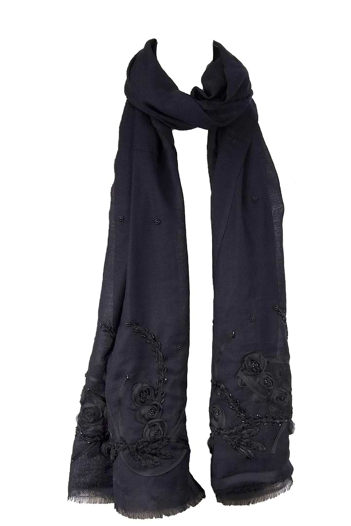 Cary Floral Embroidered Black Scarf Black