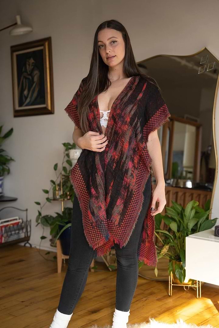 Woven Fringed Kimono - Dark Red