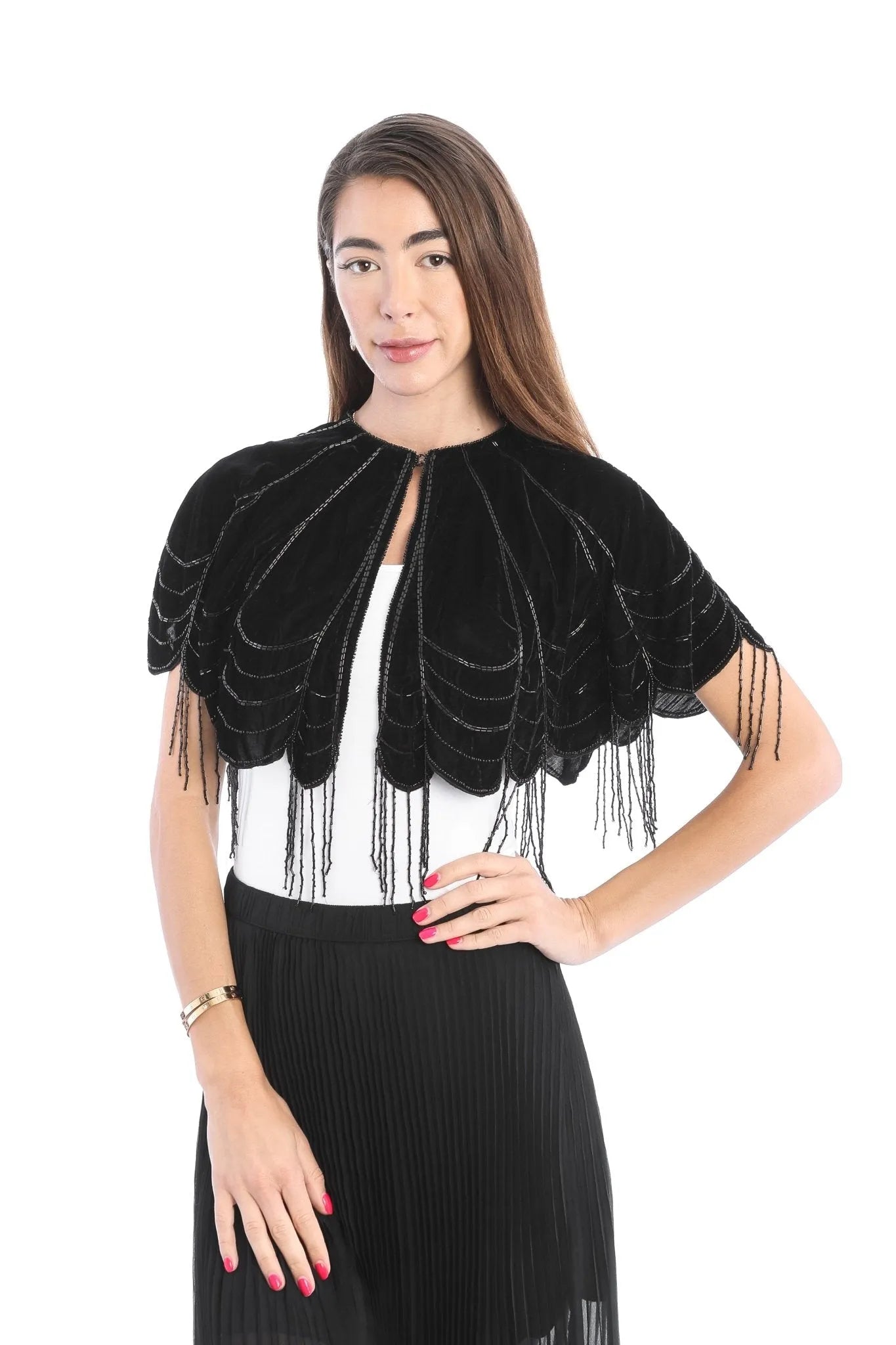 Scallops Embellished Velvet Capelet - Black
