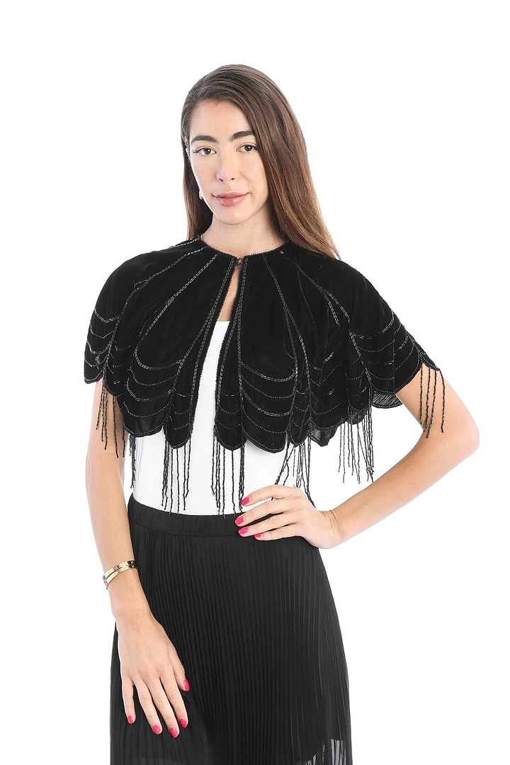 Scallops Embellished Velvet Capelet - Black