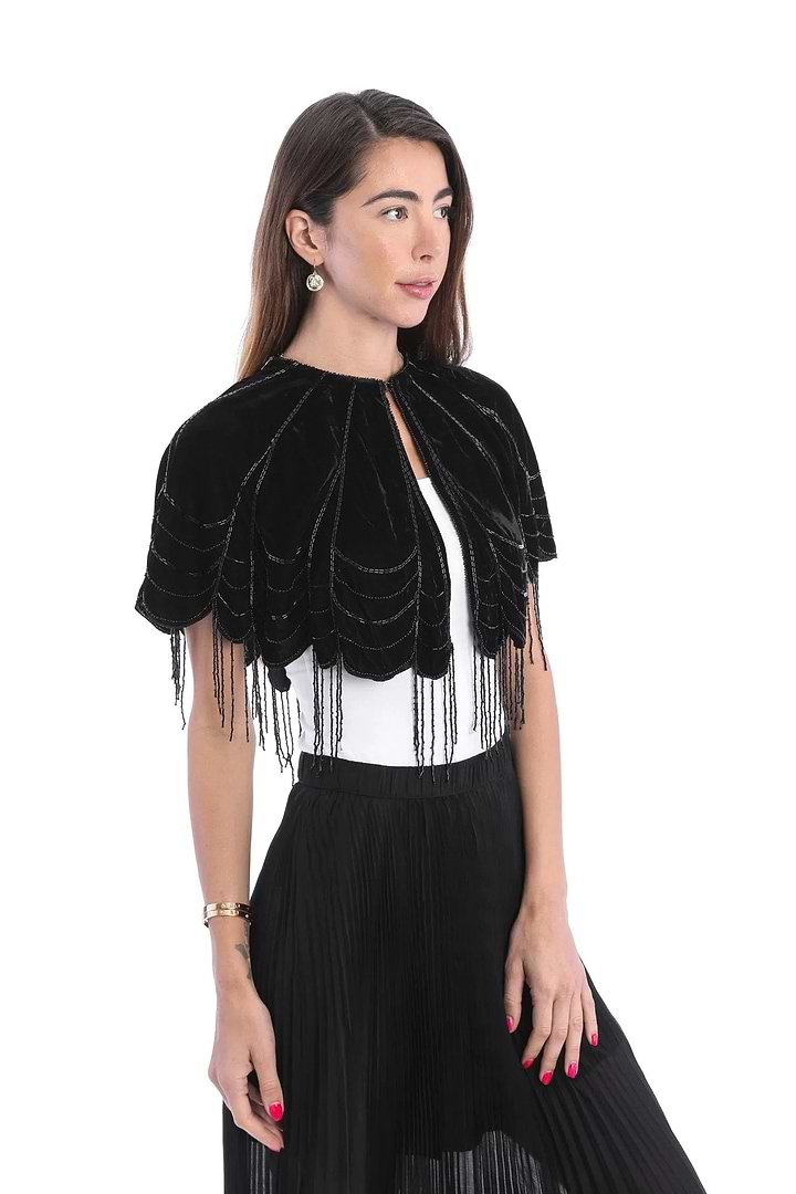 Scallops Embellished Velvet Capelet - Black