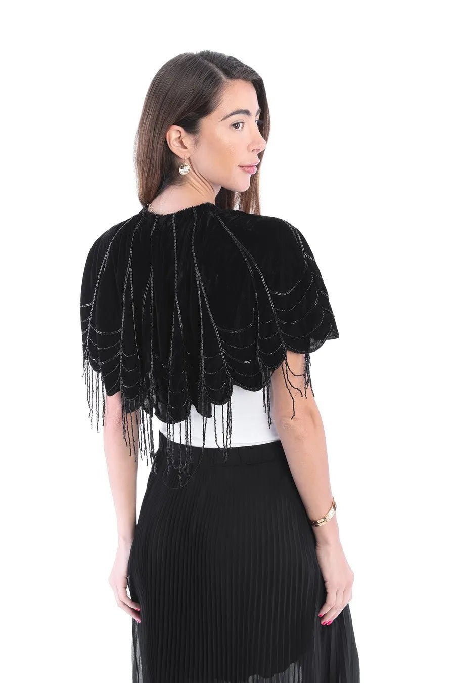 Scallops Embellished Velvet Capelet - Black