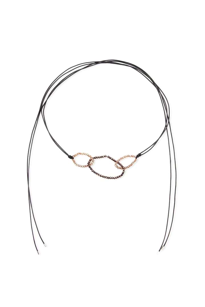 3-Oval Crystal Bead Ring Wrap Choker Brown