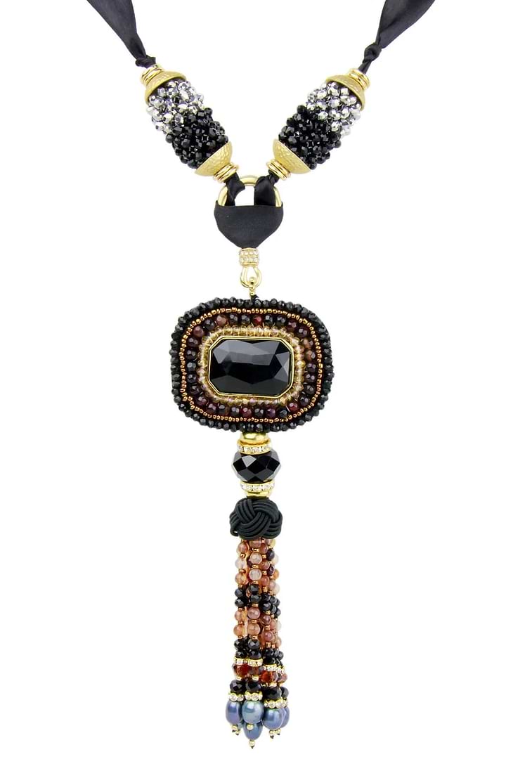 Tribal Tassel Ribbon Statement Necklace Black
