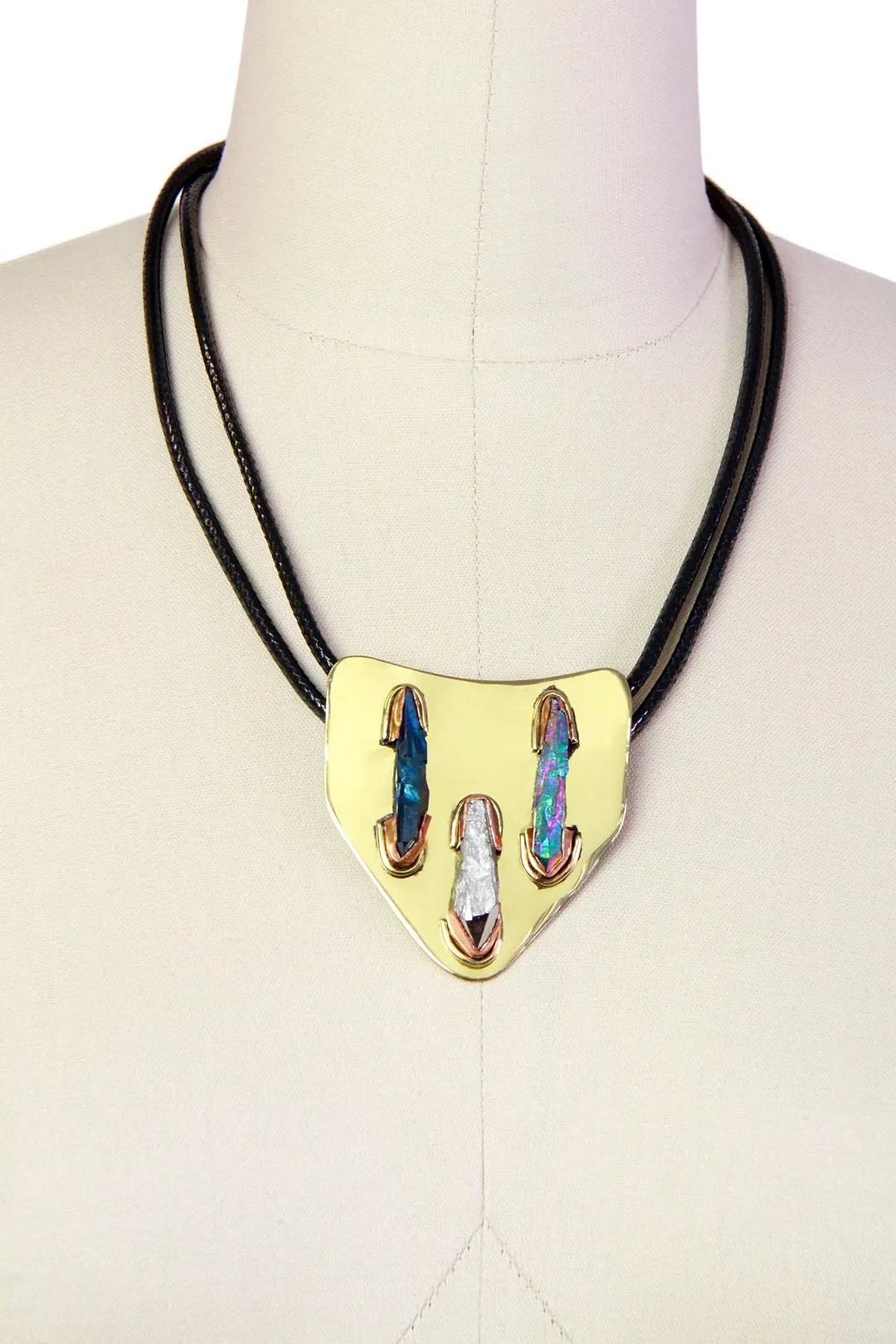 Triple Crystal Pendant on Leather cord Necklace Black