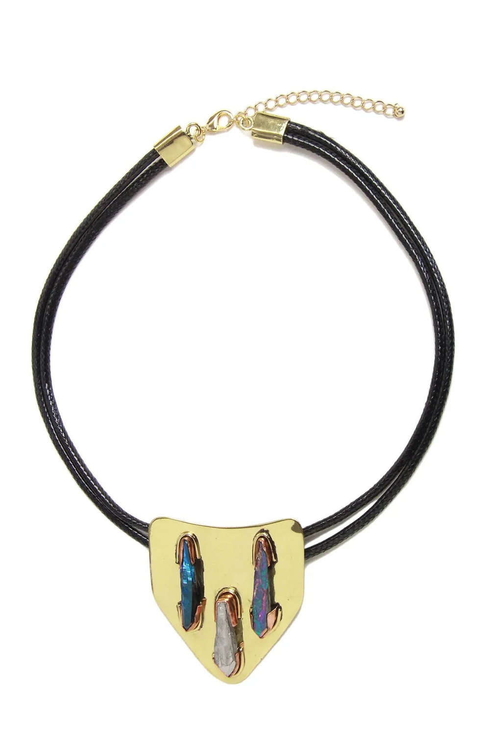 Triple Crystal Pendant on Leather cord Necklace Black