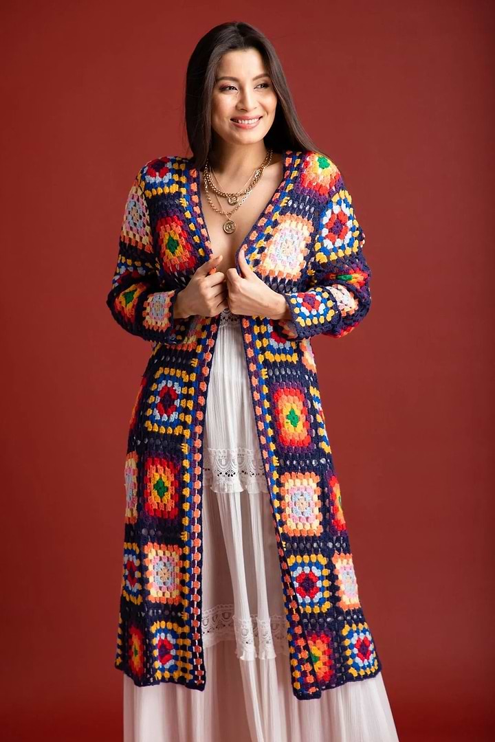 Granny Square Crochet Kimono - Navy