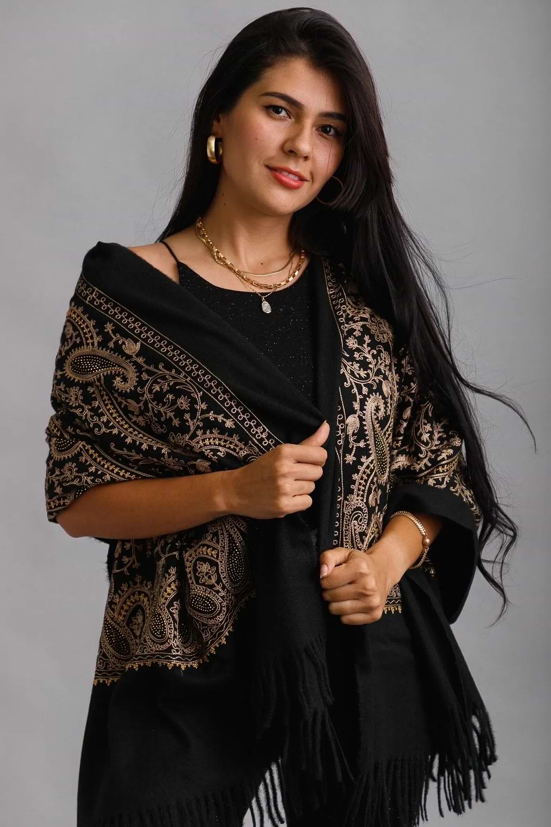 Nora Embroidered Reversible Scarf Black