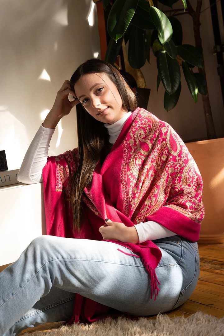 Nora Embroidered Reversible Scarf Deep Pink