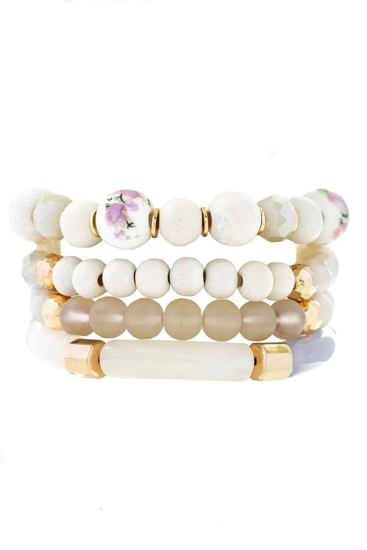 Beaded Wood Chain Link Bracelet Set - Corn Silk