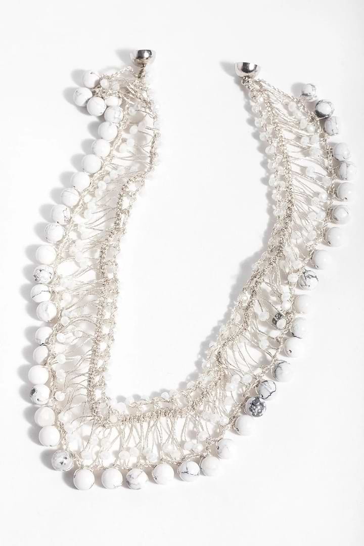 Madame Glass Beaded Collar Chain Necklace With Natural Stone White