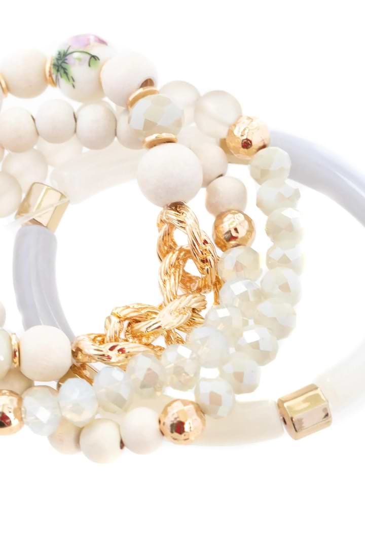 Beaded Wood Chain Link Bracelet Set - Corn Silk
