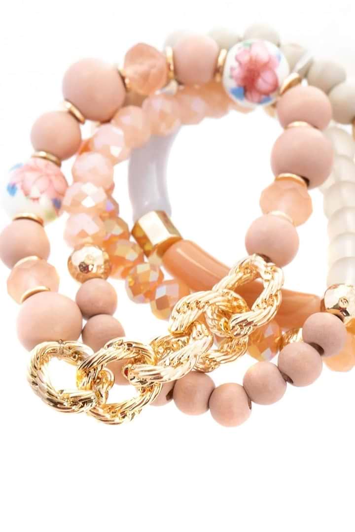 Beaded Wood Chain Link Bracelet Set - Dark salmon