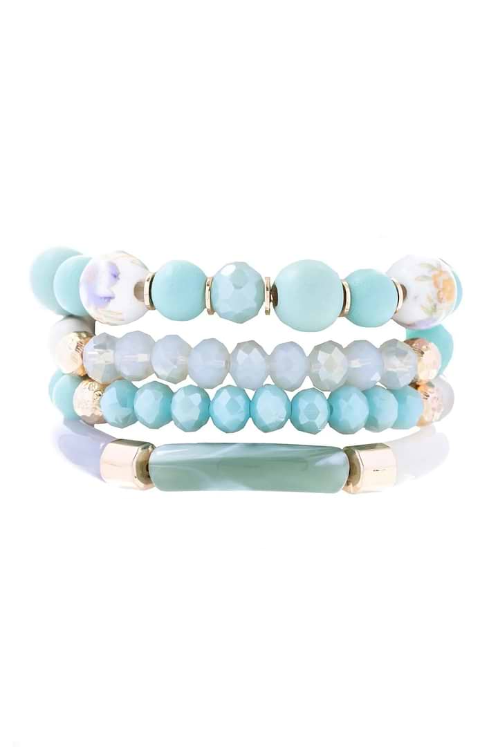 Beaded Wood Chain Link Bracelet Set - Powder Blue